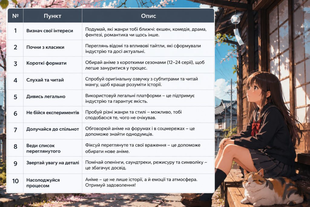 Дівчина в шкільній формі сидить біля традиційного будинку з котом на фоні таблиці порад для початківців в аніме