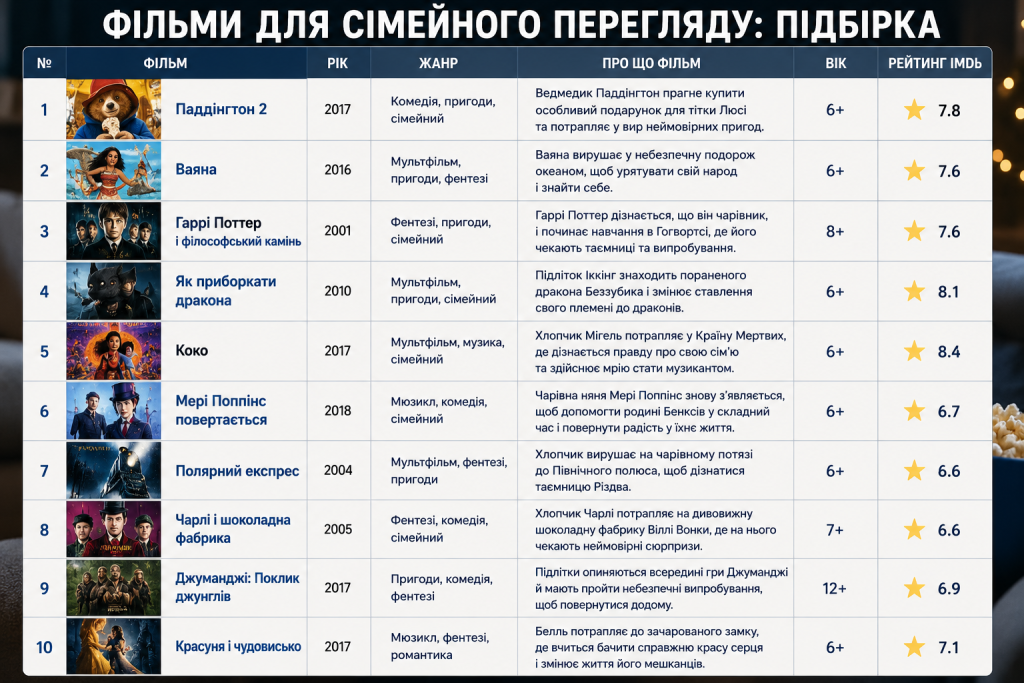 Таблиця з переліком сімейних фільмів, серед яких Паддінгтон 2, Ваяна та Гаррі Поттер