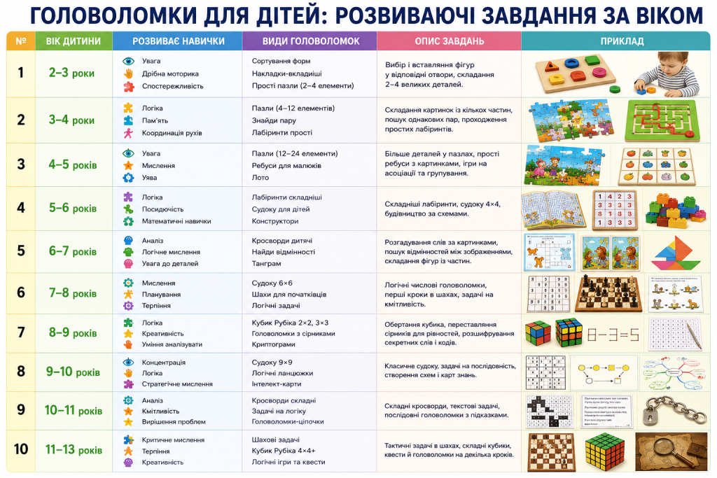 Таблиця з рекомендаціями головоломок для дітей різного віку — від пазлів до кубика Рубіка