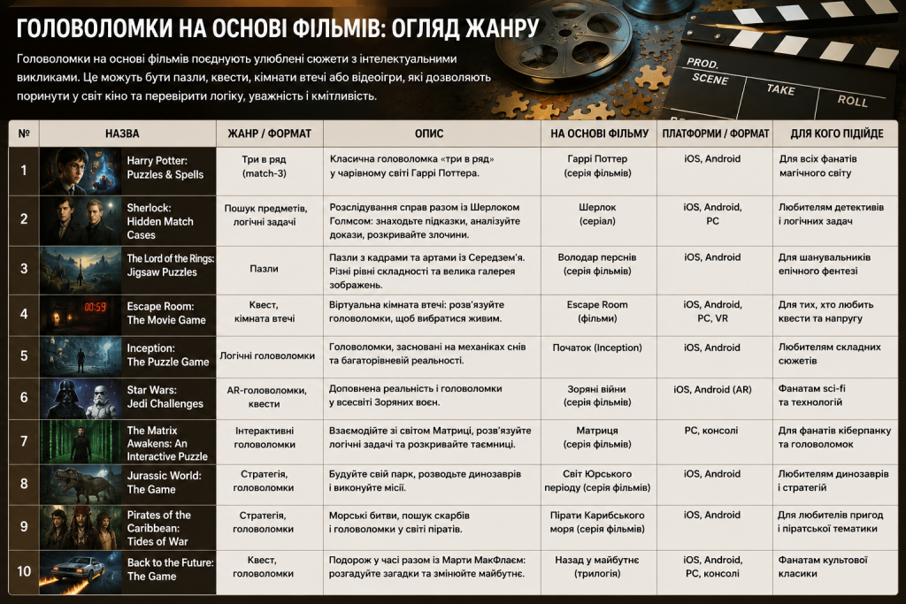 Таблиця з описом головоломок за мотивами фільмів, таких як Гаррі Поттер, Володар перснів та Назад у майбутнє
