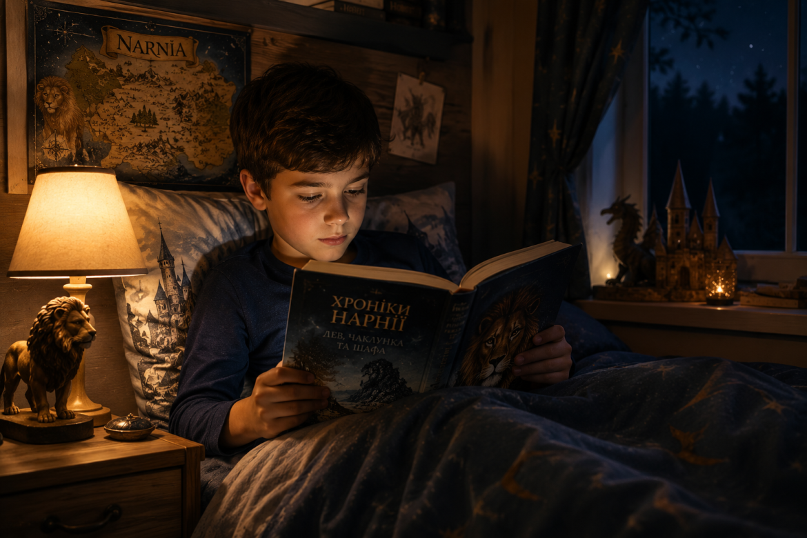 Хлопчик читає книгу у жанрі фентезі перед сном у затишній дитячій кімнаті.