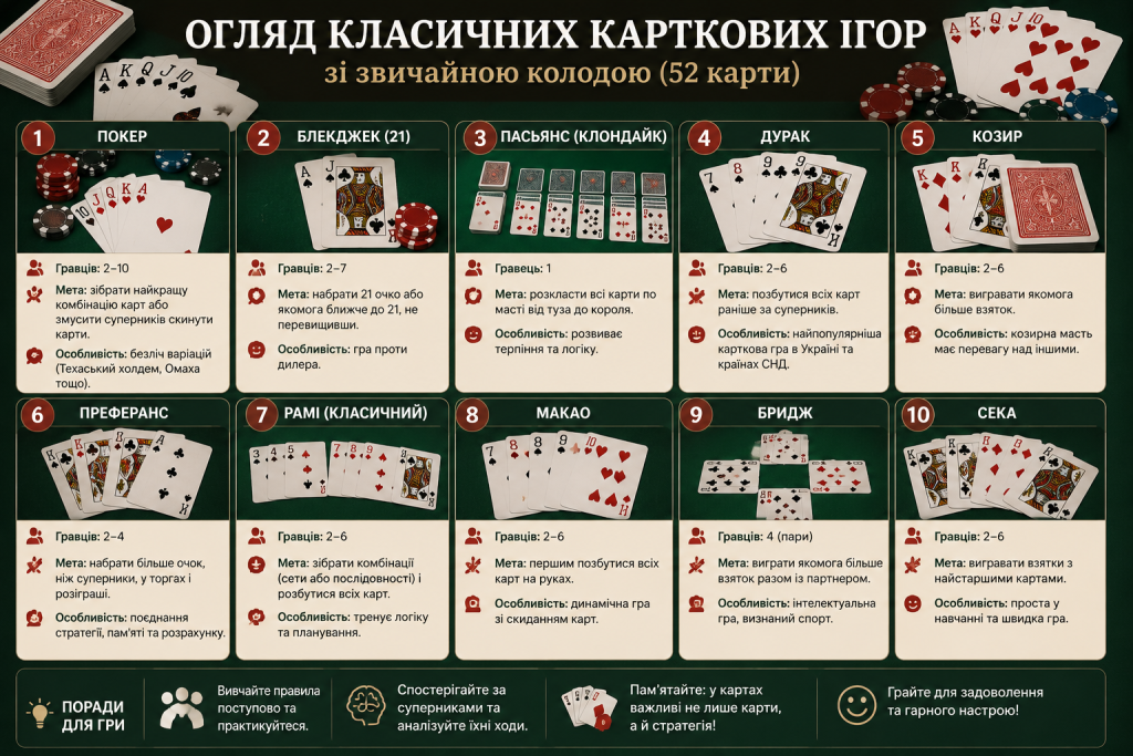 Інфографіка з описом десяти карткових ігор, включно з покером, блекджеком та дураком