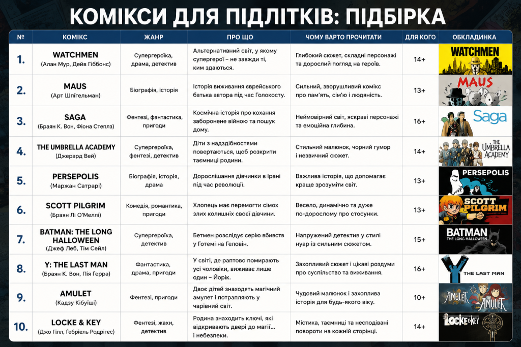 Таблиця з описом десяти коміксів для підлітків, зокрема Watchmen, Maus та Saga