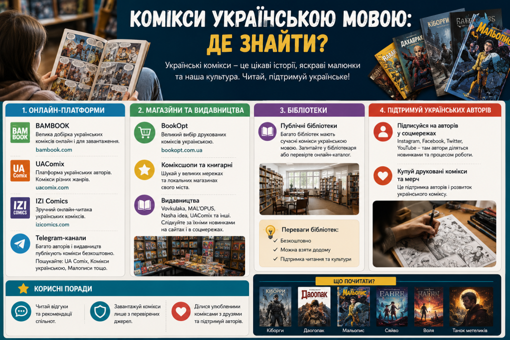 Інфографіка з переліком платформ, магазинів і бібліотек для пошуку українських коміксів