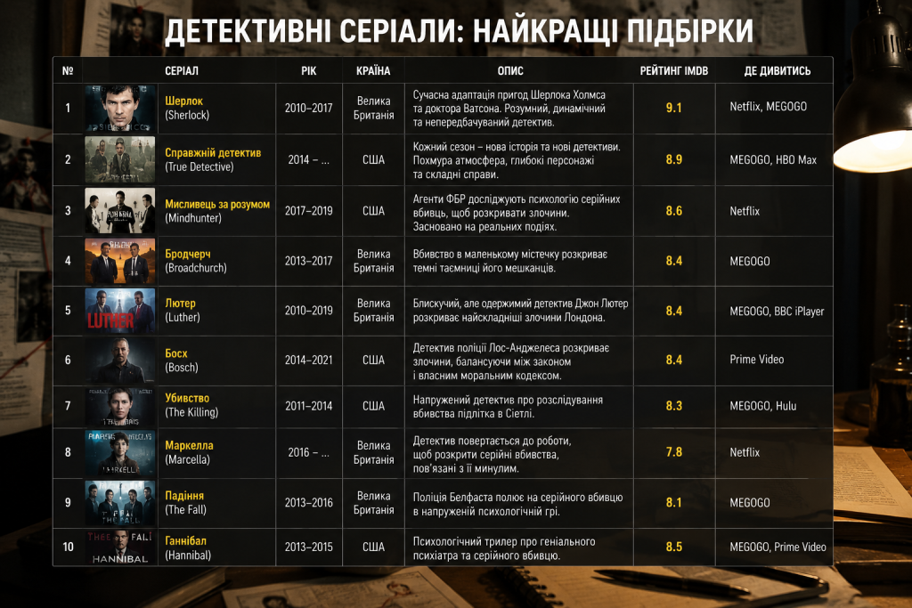 Таблиця з описом десяти детективних серіалів, зокрема Шерлок, Справжній детектив та Ганнібал