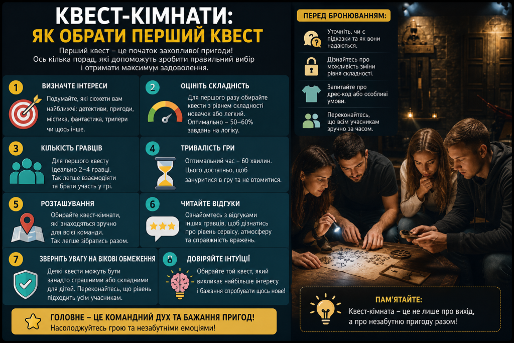 Інфографіка з порадами щодо вибору квест-кімнати та фото компанії друзів, яка розгадує головоломки
