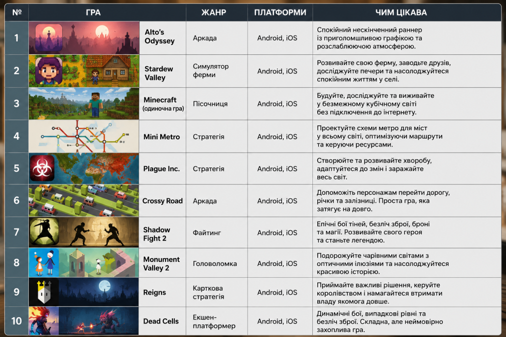 Таблиця з переліком офлайн-ігор для Android та iOS, зокрема Minecraft, Stardew Valley та Dead Cells