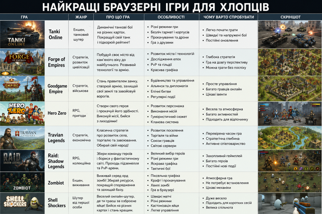Інфографіка з популярними браузерними іграми для хлопців та їх особливостями.