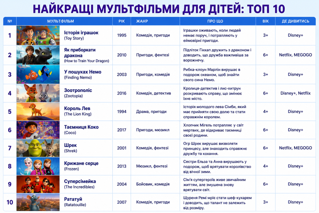Таблиця з описом десяти дитячих мультфільмів, зокрема Історія іграшок, Король Лев та Крижане серце