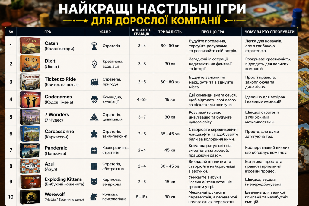 Таблиця з описом десяти настільних ігор для дорослих, зокрема Catan, Codenames та Werewolf