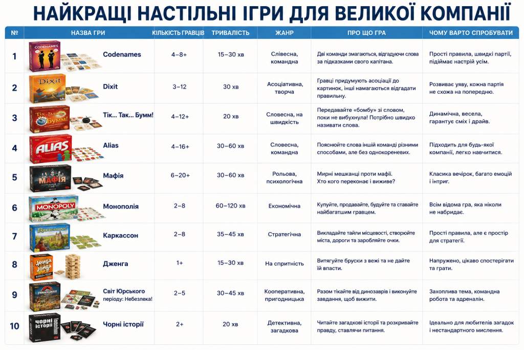 Таблиця з описом десяти настільних ігор для компанії, зокрема Codenames, Мафія та Монополія