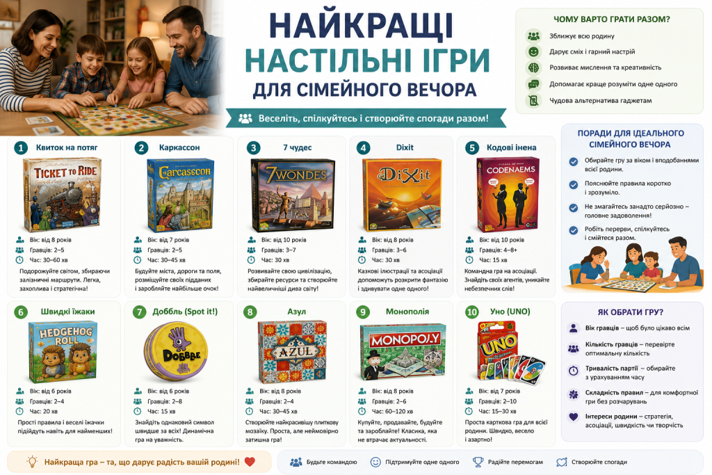Сім'я з двома дітьми проводить вечір за настільною грою «Кодові імена» у затишній домашній атмосфері.