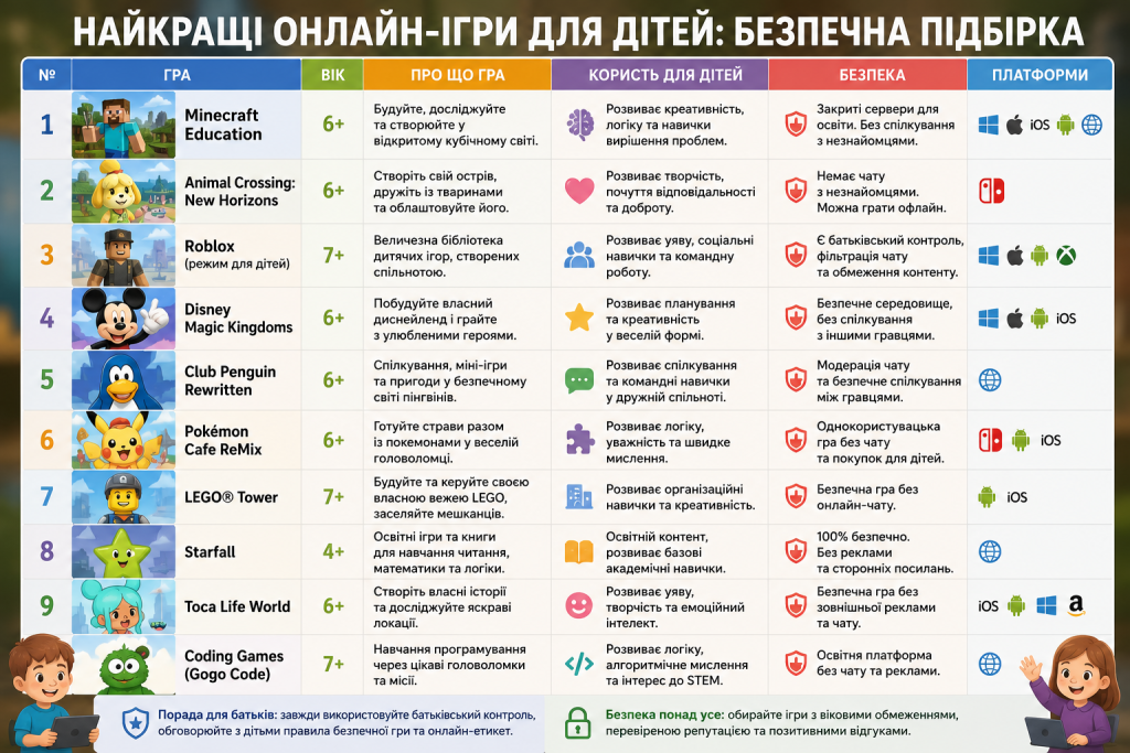 Таблиця з описом безпечних дитячих онлайн-ігор, зокрема Minecraft Education, Roblox та Animal Crossing