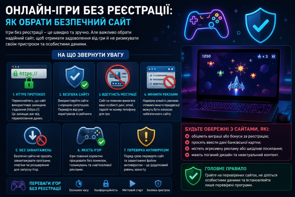 Інфографіка з порадами щодо безпечного вибору сайтів для ігор без реєстрації