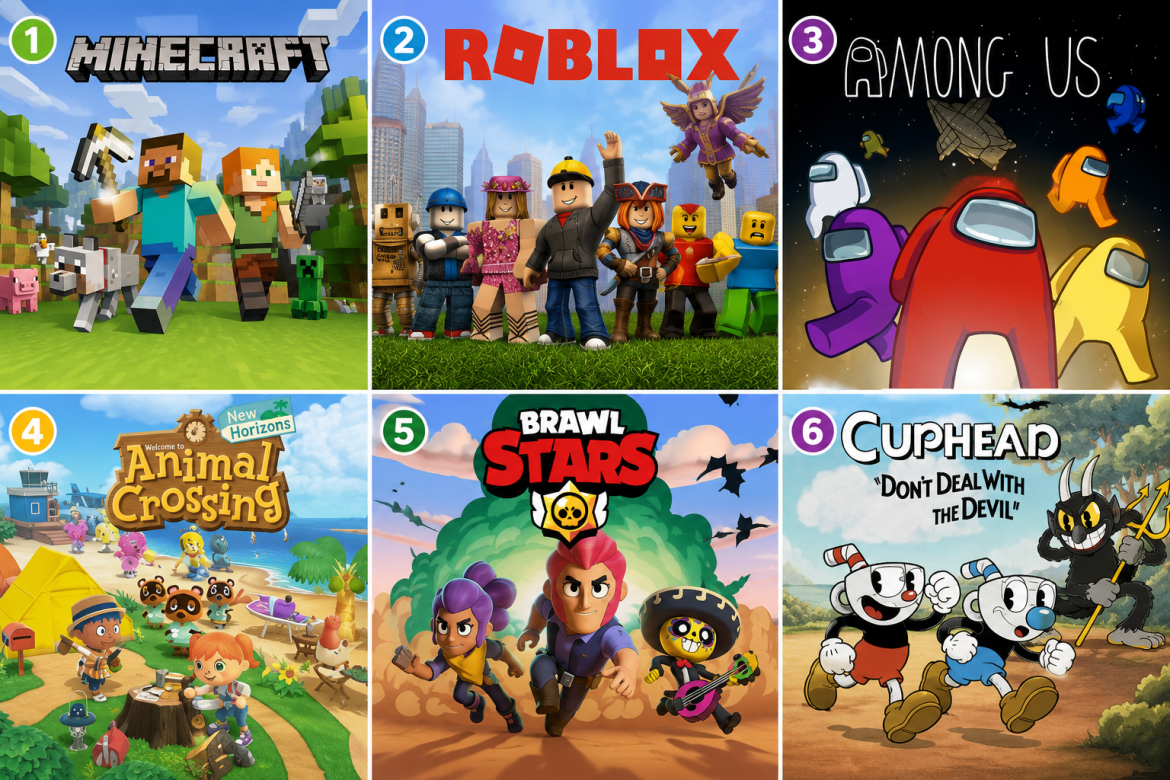 Колаж із логотипами шести дитячих ігор — Minecraft, Roblox, Among Us, Animal Crossing, Brawl Stars і Cuphead