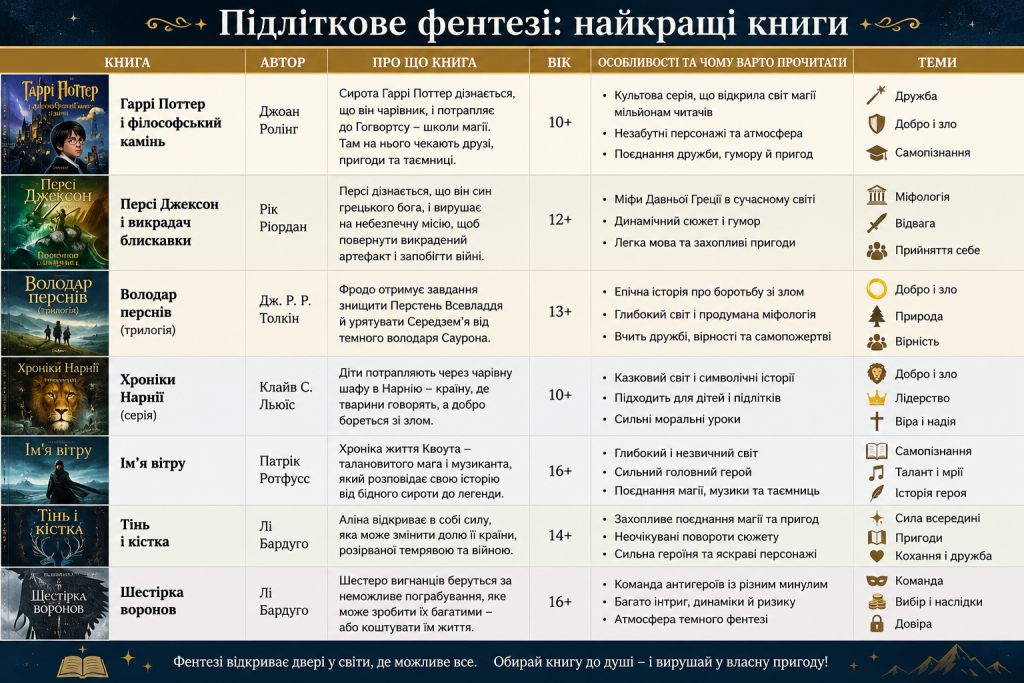 Інфографіка з добіркою найкращих книг жанру підліткового фентезі та їх особливостями.