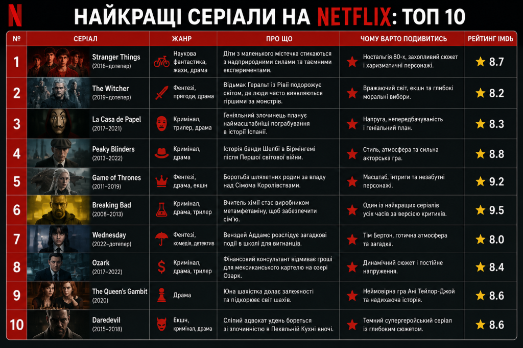 Таблиця з описом десяти популярних серіалів Netflix, зокрема Stranger Things, Game of Thrones та Breaking Bad