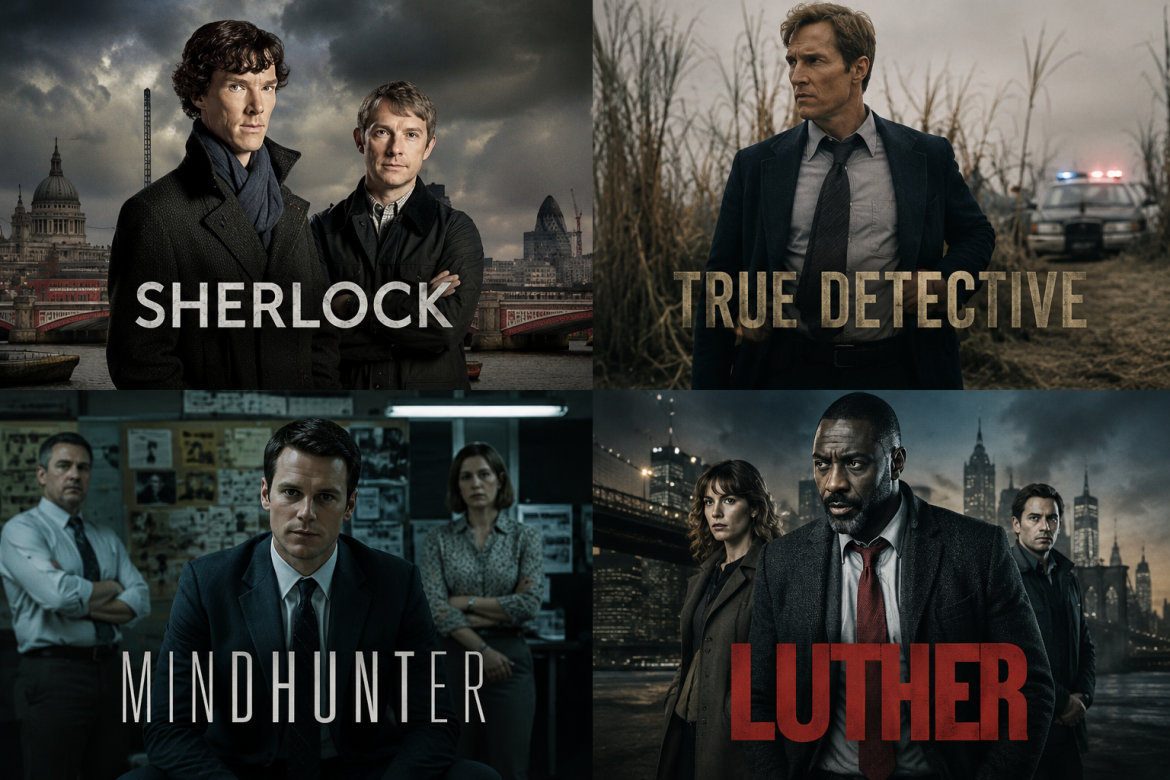 Колаж із постерами чотирьох детективних серіалів — Sherlock, True Detective, Mindhunter і Luther
