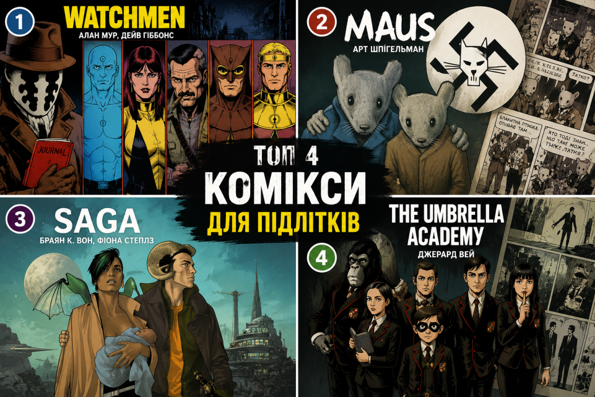 Колаж з обкладинками чотирьох коміксів — Watchmen, Maus, Saga та The Umbrella Academy