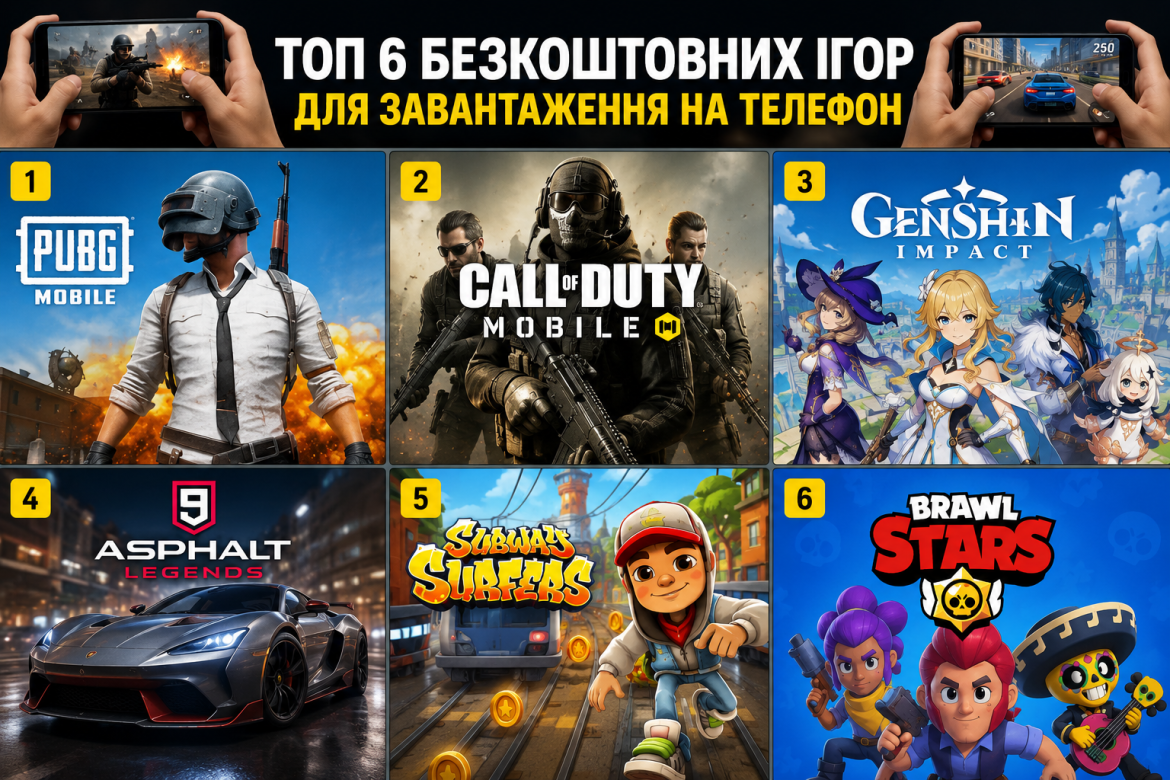 Колаж із логотипами шести популярних мобільних ігор — PUBG Mobile, Call of Duty Mobile, Genshin Impact, Asphalt 9, Subway Surfers і Brawl Stars