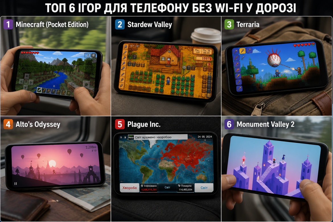 Колаж зі скріншотами шести мобільних ігор на телефоні — Minecraft, Stardew Valley, Terraria, Alto's Odyssey, Plague Inc. та Monument Valley 2