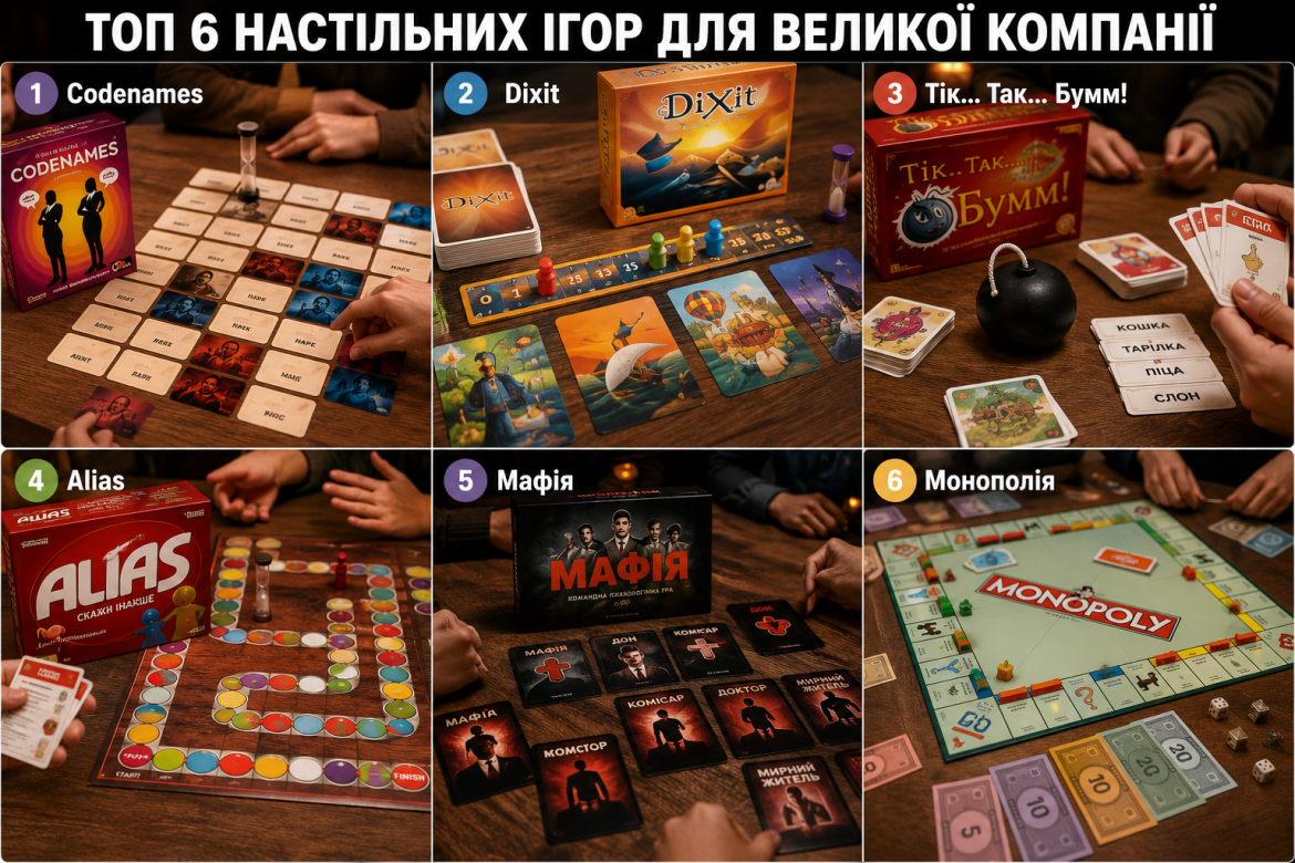 Колаж із фото шести настільних ігор — Codenames, Dixit, Тік-Так-Бумм, Alias, Мафія та Монополія