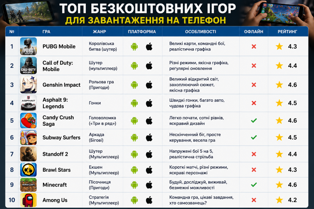 Таблиця з описом десяти безкоштовних мобільних ігор, зокрема PUBG Mobile, Genshin Impact та Minecraft