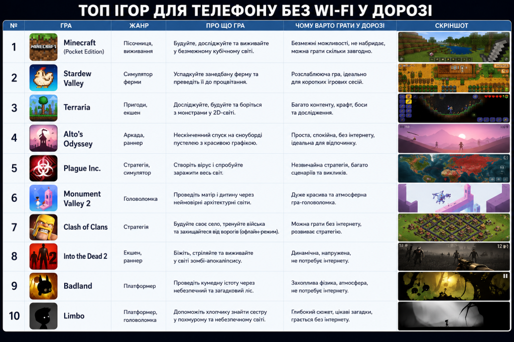 Таблиця з описом десяти офлайн-ігор для мобільного телефону, зокрема Minecraft, Terraria та Limbo