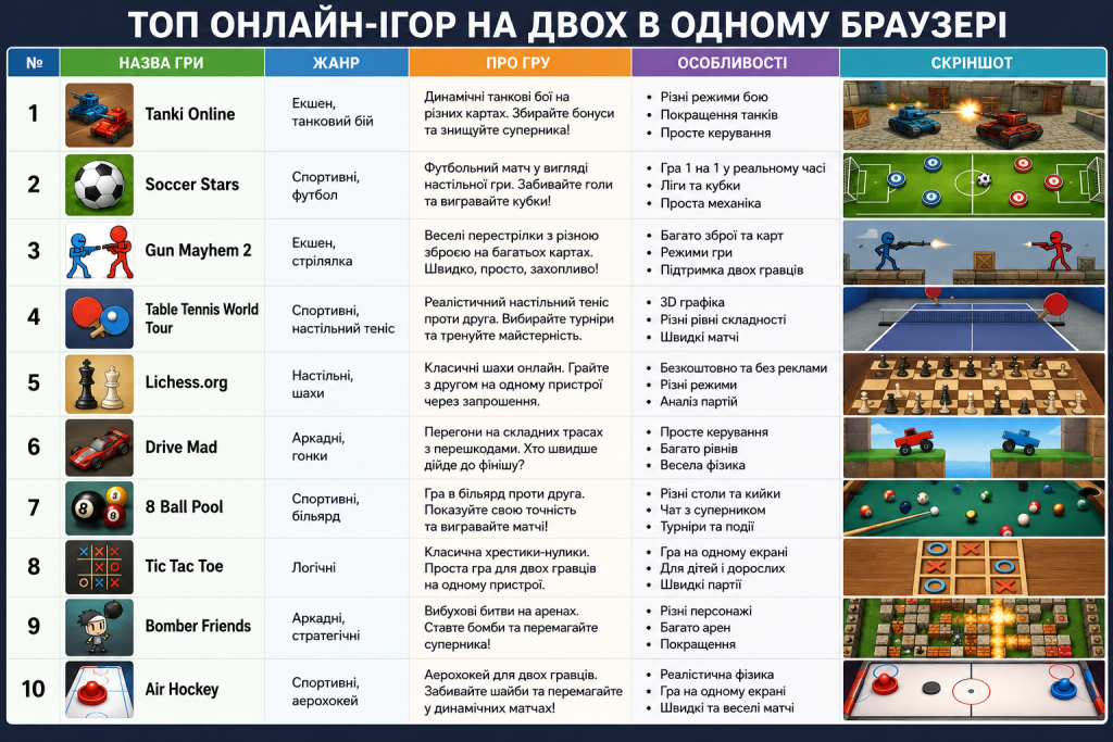 Таблиця з описом десяти браузерних ігор для двох гравців, зокрема Tanki Online, Lichess та 8 Ball Pool