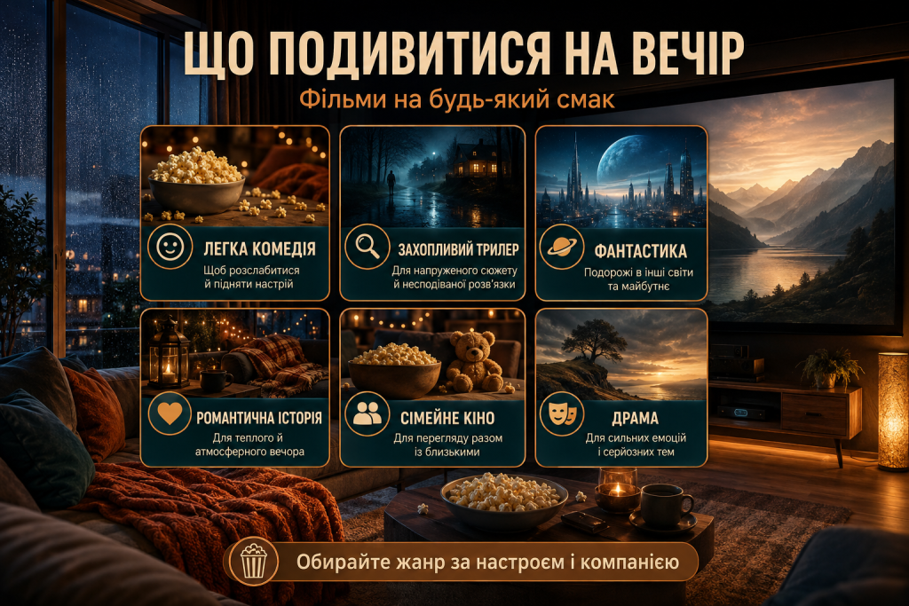 Інфографіка з добіркою жанрів фільмів для перегляду ввечері