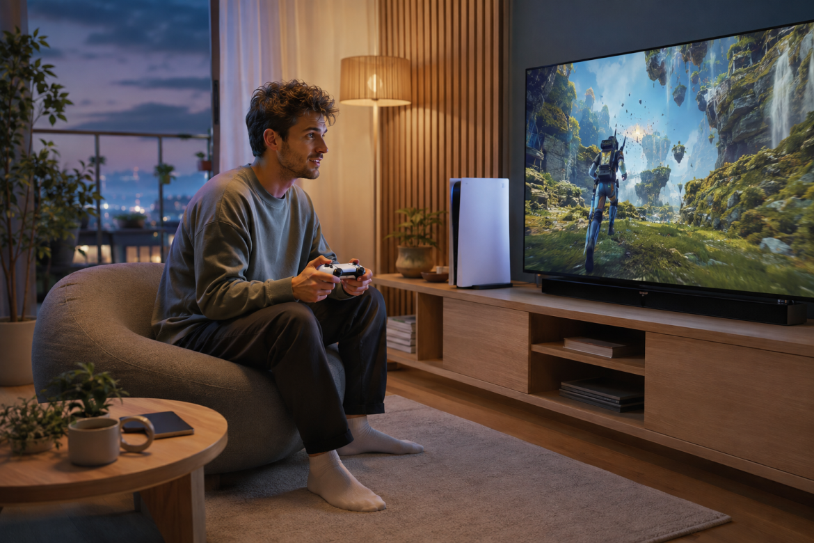 Молодий чоловік грає на PlayStation 5 з контролером перед великим телевізором