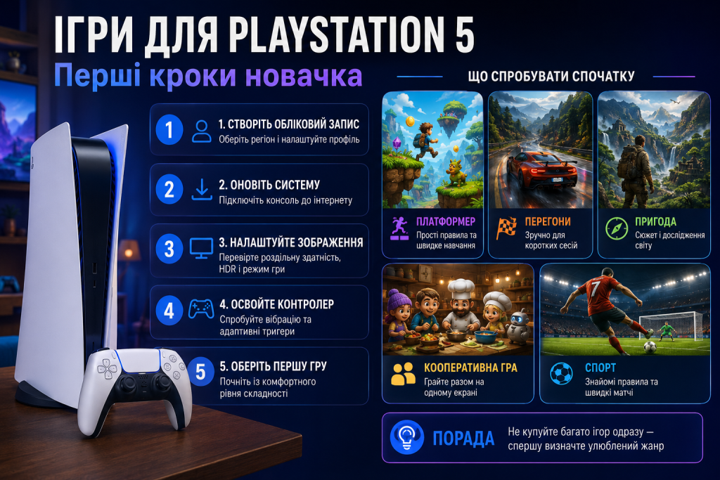Інфографіка для новачків про налаштування PlayStation 5 та жанри ігор, з яких варто почати