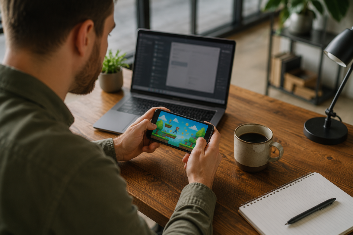 Чоловік грає у яскраву платформену міні-гру на смартфоні під час короткої перерви за робочим столом.