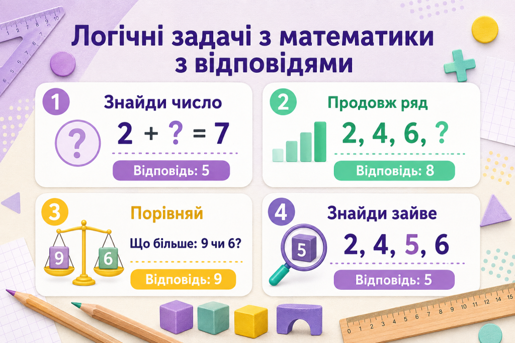 Інфографіка з логічними математичними задачами для дітей на числа, числові ряди, порівняння та пошук зайвого з готовими відповідями.