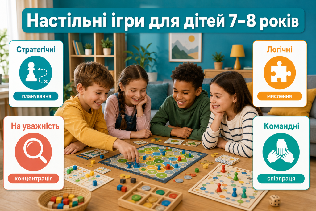 Інфографіка про настільні ігри для дітей 7–8 років, які розвивають логіку, стратегічне мислення, уважність, концентрацію та командну роботу.