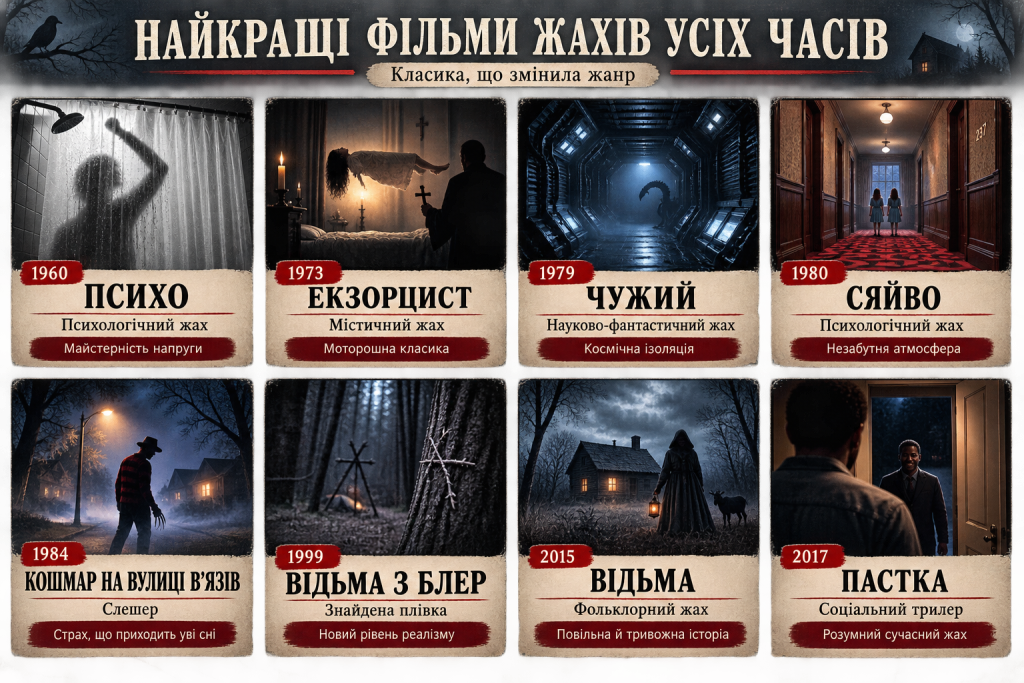 Інфографіка з добіркою відомих фільмів жахів різних років і жанрів