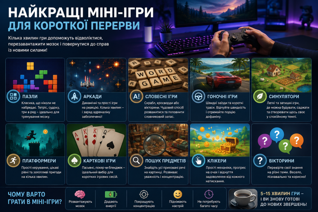 Інфографіка з популярними видами міні-ігор: пазли, аркади, словесні, гоночні, карткові ігри, платформери та вікторини.
