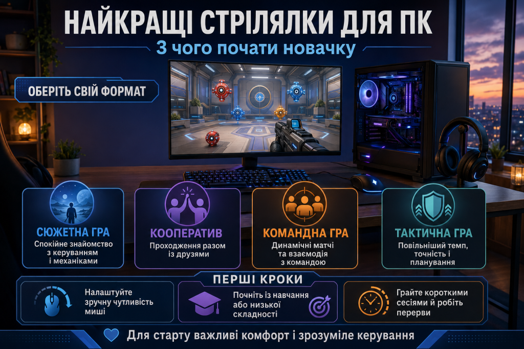 Інфографіка про найкращі стрілялки для ПК та основні поради для новачків