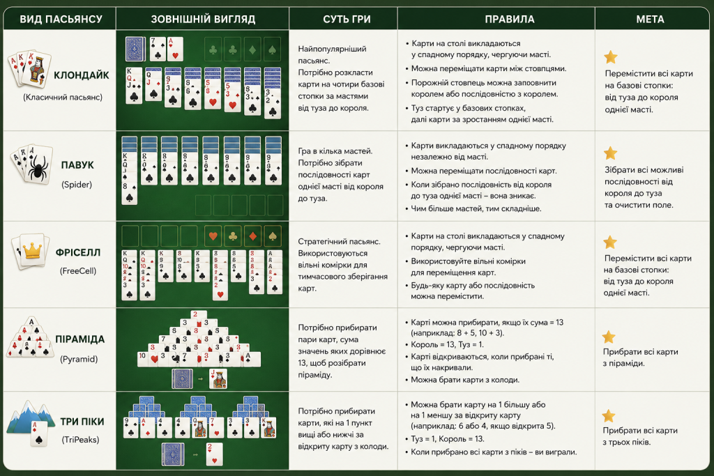 Таблиця популярних видів пасьянсу Клондайк, Павук, Фріселл, Піраміда та Три піки з правилами і метою гри