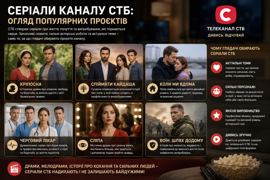 Інфографіка з добіркою популярних серіалів телеканалу СТБ та коротким описом їх сюжетів і жанрів.