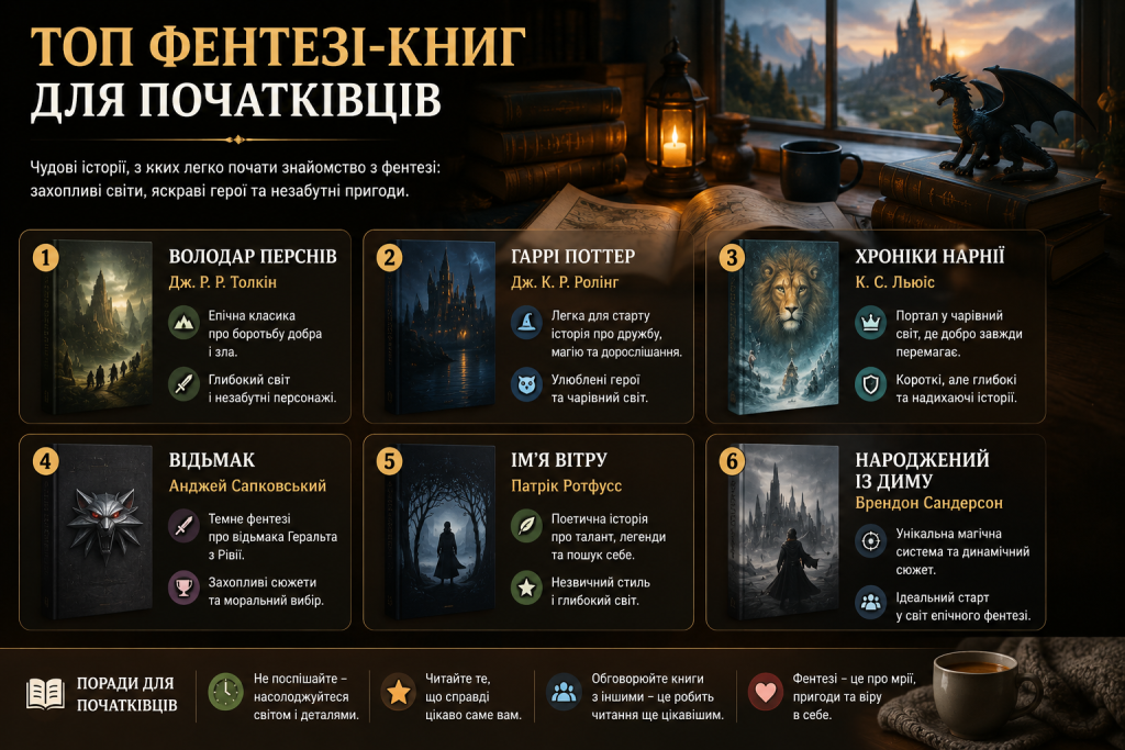 Інфографіка з добіркою популярних фентезі-книг для початківців, серед яких Володар перснів, Гаррі Поттер, Хроніки Нарнії та Відьмак.