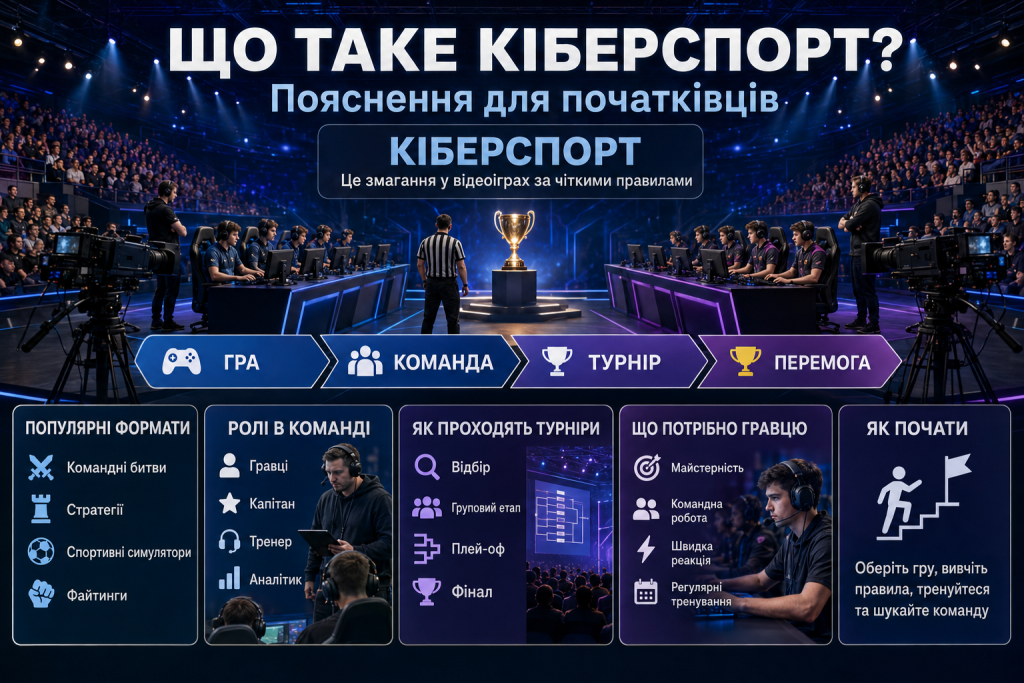 Інфографіка про кіберспорт, командні турніри, ролі гравців, популярні формати та шлях для початківців