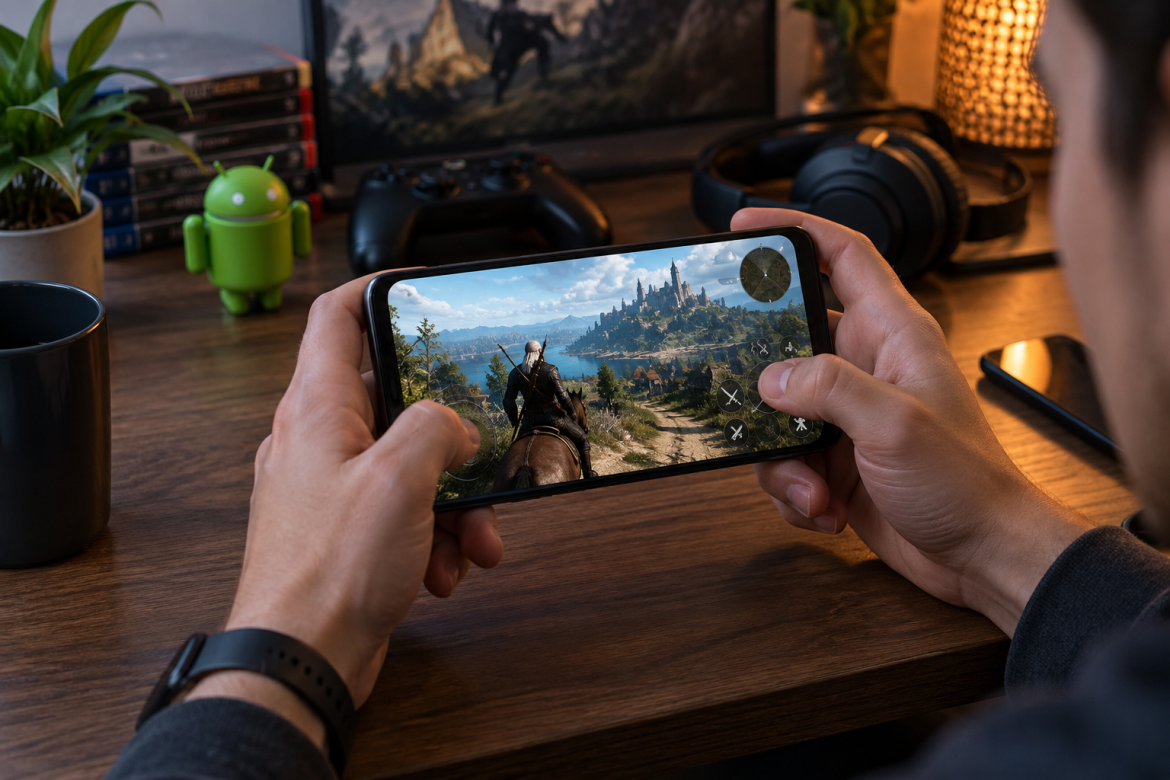 Гравець запускає сучасну портовану відеогру на Android-смартфоні з сенсорним керуванням.