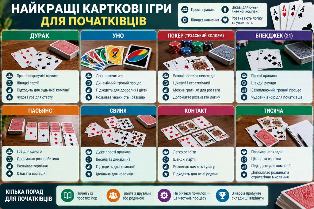 Інфографіка з популярними картковими іграми для початківців, серед яких дурень, уно, покер, блекджек, пасьянс і тисяча