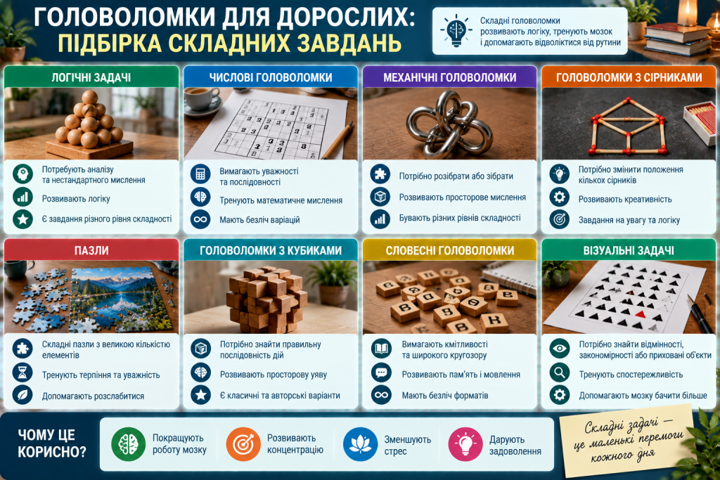 Інфографіка з різними видами головоломок для дорослих, логічними, числовими, механічними, словесними та візуальними задачами