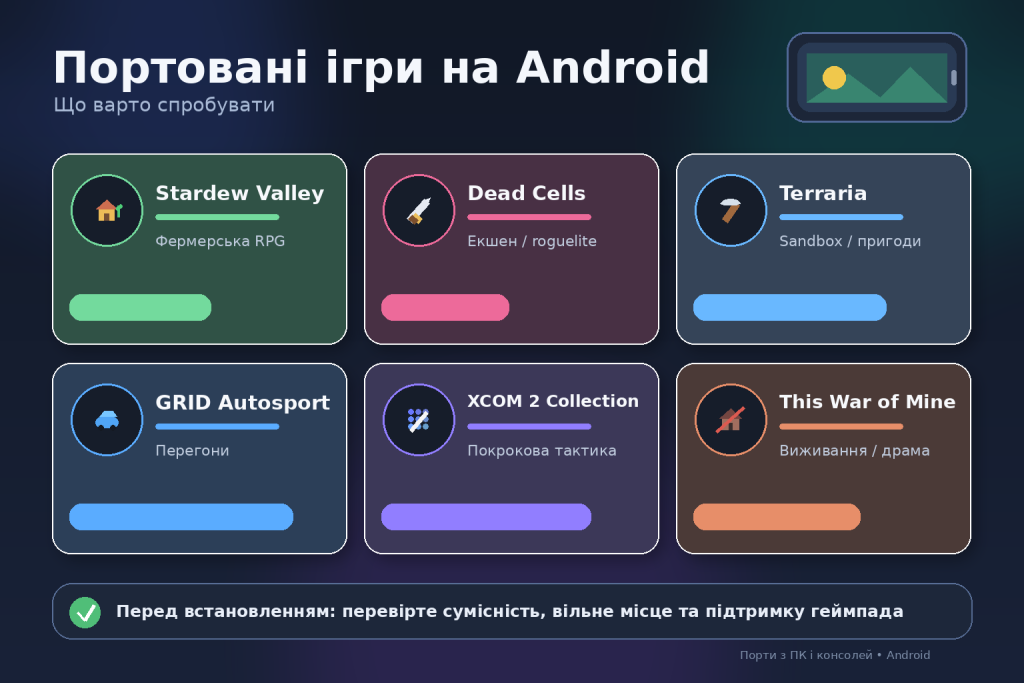 Інфографіка з добіркою портованих ігор для Android, серед яких Stardew Valley, Dead Cells, Terraria, GRID Autosport, XCOM 2 та This War of Mine.