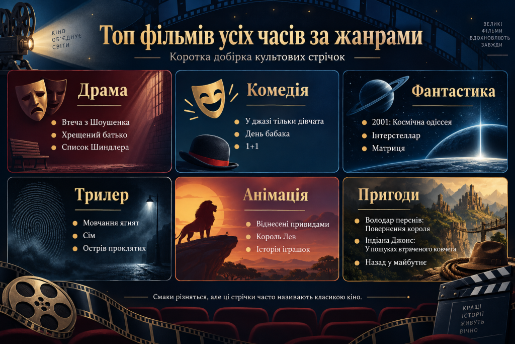 Інфографіка з добіркою культових фільмів усіх часів за жанрами: драма, комедія, фантастика, трилер, анімація та пригоди.